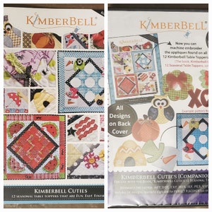 May include: A set of 12 seasonal table toppers for machine embroidery. The front of the package shows a variety of designs, including a snowman, a beehive, a watermelon, and a pumpkin. The back of the package shows the designs in more detail and includes the text "Kimberbell Cuties (Companion) for use with the book, 'Kimberbell Cuties: 12 Seasonal Table Toppers'. Formats included: ART, DST, EXP, HUS, JEF, PES, VIP. Includes 14 designs, specially digitized for perfect placement on the table toppers."