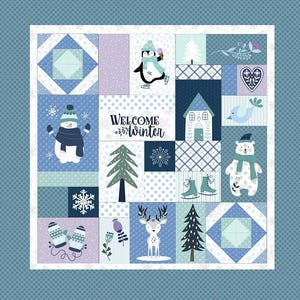May include: A patchwork quilt with a winter theme. The quilt features squares with images of a snowman, penguin, bear, deer, mittens, and a house. The words "Welcome Winter" are in the center. The color scheme is blue, white, and lavender.