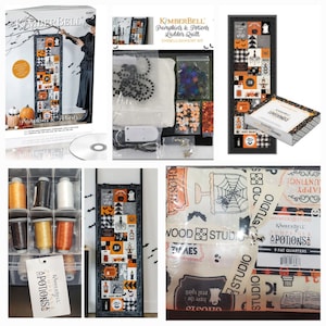 May include: A Halloween-themed quilting kit with a black and white ladder quilt pattern, a package of fabric, and a bag of embellishments. The embellishments include black beads, sequins, and a variety of other decorative items. The kit also includes a CD and a small book with instructions.