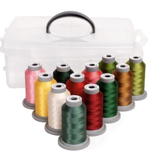 May include: A clear plastic storage box with a handle, containing 10 spools of embroidery thread in various colors, including pink, yellow, white, red, green, and brown.