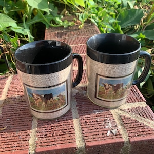2 Vintage Thermo Serv Plastic Coffee Cups with cow. Rare Find. MADE IN USA