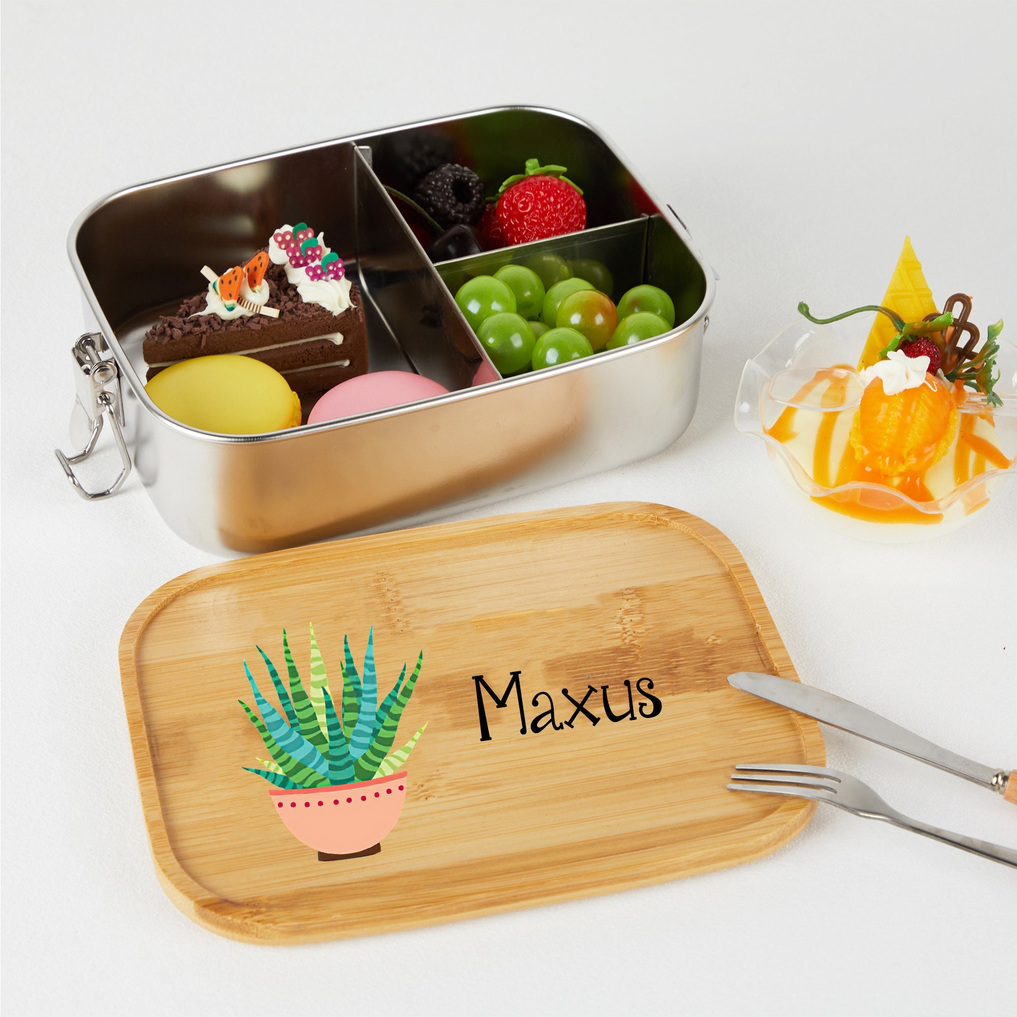 Personalised Bamboo Lunch Boxes Reusable Travel Cutlery Set Work / School Lunch  Box Plastic Free Eco-friendly Christmas Gift 