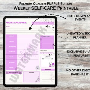 May include: Purple printable weekly planner with sections for notes, appointments, reminders, a checklist, and a weekly affirmation. The planner has a floral design and the text "WEEKLY PLANNER" and "WEEK OF".