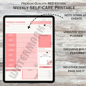 Op de afbeelding: Een digitale printbare weekplanner met een roze en wit bloemenontwerp. De planner bevat secties voor notities, afspraken, herinneringen, een checklist en een wekelijkse bevestiging. De tekst "PREMIUM QUALITY: RED EDITION WEEKLY SELF-CARE PRINTABLE" staat bovenaan de planner.