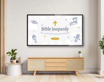 May include: A flat-screen TV displays "Bible Jeopardy" with a gold cross, fish, bread, and other religious symbols. The game's tagline is "Fun, Faith & Fellowship Game Night!" A wooden cabinet with drawers and a woven front sits below the TV.