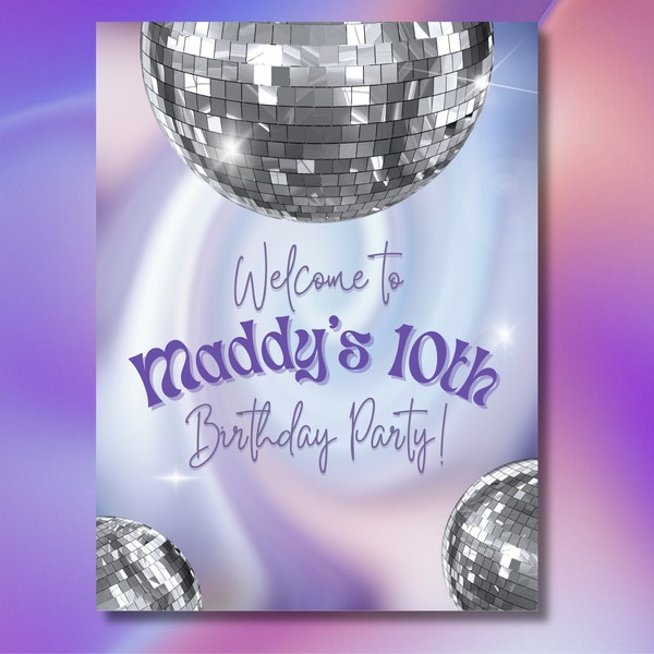 Editable Purple Disco Birthday Party Welcome Sign Template | Retro & Groovy 70s Disco Bday for Girls, Kids or Adults, Purple Pink Disco Ball