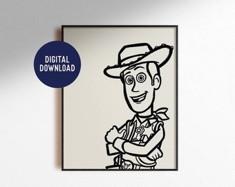 May include: Black and white line art illustration of Woody from Toy Story. Woody is wearing his signature cowboy hat, vest, and sheriff's badge. He has a friendly smile and his arms are crossed.