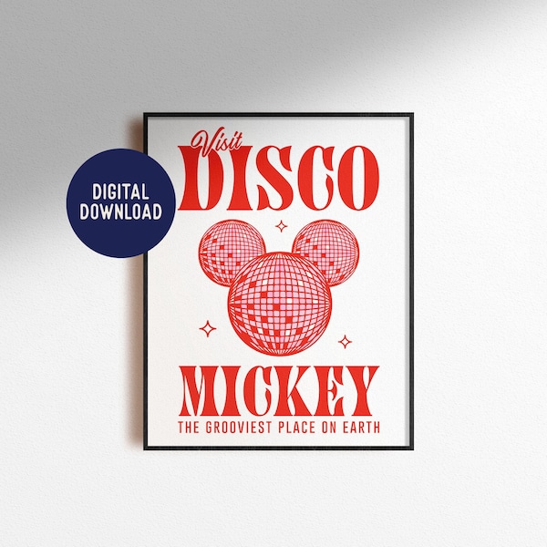 Digital Download Disco Mickey Mouse Print Artwork Minimal Retro Vintage 70s Home Decor Magic Kids Room Pink Funky Nursery Poster Printable