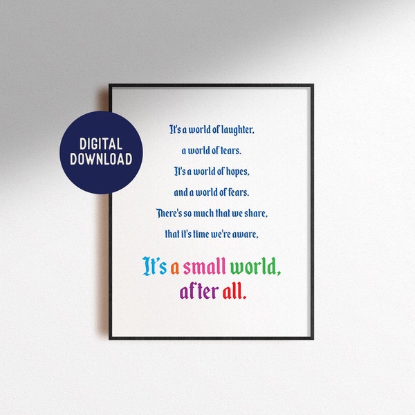 Digital Download Small World Print Music Lyrics Quote Magic Kingdom Wall Art Ride Classroom Home Decor Kid Nursery Poster Instant Printable