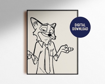 Digital Download Nick Zootopia Print Artwork Drawing Painting Movie Character Minimal Modern Boho Home Decor Fox Nursery Poster Printable