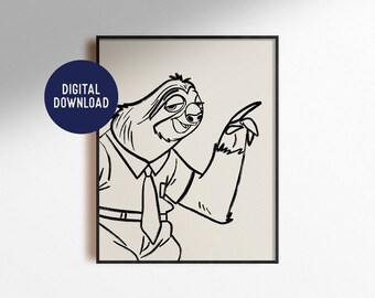 Digital Download Flash Sloth Zootopia Print Artwork Drawing Painting Movie Character Minimal Modern Boho Home Decor Nursery Poster Printable