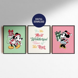 Set of 3 Digital Downloads Mickey Minnie Holidays Christmas Wonderful Time Minimal Modern Home Decor Kid&#39;s Room Nursery Poster Printable
