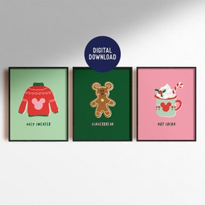 Set med 3 digitala nedladdningar Musse Pigg Julklappar Ful Tröja Pepparkaka Varm Choklad Modern Heminredning Barnrum Barnkammare Poster Utskrivbar
