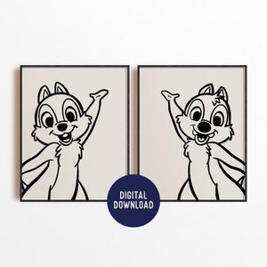 May include: Two black and white printable illustrations of Chip from Disney's Chip and Dale. Each illustration shows Chip with his arm raised in the air, smiling.