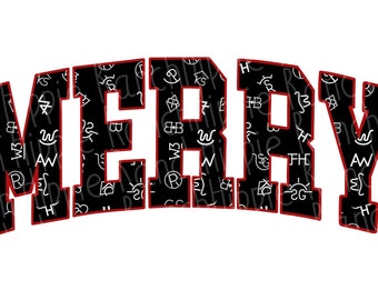 May include: Black and white graphic design of the word "MERRY" with a red outline. The background is filled with a pattern of white cowboy brand marks on a black background.
