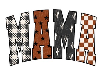 Könnte beinhalten: Das Wort "MAMA" in einem kühnen, gewölbten Design. Die Buchstaben sind mit verschiedenen Mustern gefüllt: schwarz-weiß kariert, braun mit schwarzen Sternen, schwarz mit weißen Kakteen und braun-weiß kariert. Das Design befindet sich auf weißem Hintergrund.