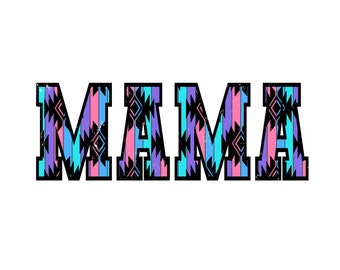 May include: The word "MAMA" in large, bold, black letters with a colorful geometric pattern inside each letter.