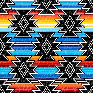May include: A seamless pattern featuring a black and white geometric design with a southwestern style. The pattern is set against a background of horizontal stripes in shades of blue, orange, and yellow.