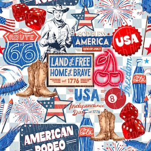 Può includere: Un carta digitale a tema patriottico rosso, bianco e blu con un cowboy, un cartello della Route 66, un'aquila calva, fuochi d'artificio, ciliegie, una bottiglia di cola, dadi, stivali da cowboy e stelle. Il testo "God Bless America", "Land of the Free Home of the Brave est. 1776", "USA Independence Day est. 1776", "American Rodeo" e "Freedom" è incluso nel design.