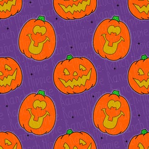 Puede incluir: Un patrón sin costuras que presenta calabazas naranja de jack-o'-lantern con diferentes expresiones faciales sobre un fondo morado con estrellas blancas. Las calabazas tienen contornos negros y ojos, narices y bocas amarillas.