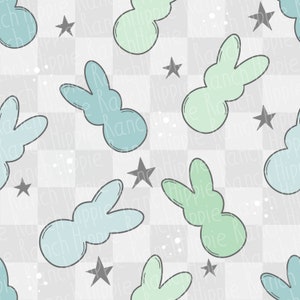 May include: A seamless pattern featuring pastel green and blue bunny-shaped candies on a white and gray checkered background with gray stars.