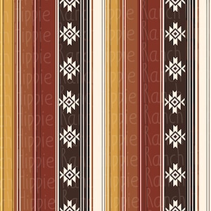 Puede incluir: Un patrón sin costuras que presenta rayas verticales en tonos de marrón, naranja y blanco. El patrón incluye un diseño geométrico repetitivo en blanco y marrón.