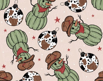 May include: A seamless pattern featuring cactus snowmen wearing cowboy hats and red bandanas. The snowmen are surrounded by brown and white cowhide patterned ornaments with white dots on a light pink background.
