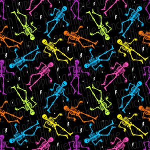 May include: A repeating pattern of colourful skeletons in neon shades of pink, purple, blue, orange, and yellow on a black background. White lightning bolts and the text "Hippie Ranch" are also present.