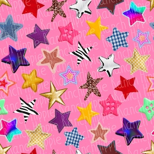 May include: A repeating pattern on a bright pink background featuring various star-shaped designs. The stars include textures like denim, gingham, zebra stripes, glitter, metallic finishes, and solid colors, with some stars featuring button details.