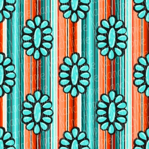 May include: A seamless pattern featuring turquoise blue flowers with black outlines on a background of orange, red, white, and blue stripes.
