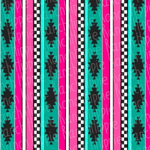 May include: A repeating vertical pattern featuring alternating stripes of hot pink, white, black and white checkered squares, and turquoise bands. The turquoise bands contain a series of black geometric diamond shapes stacked vertically.