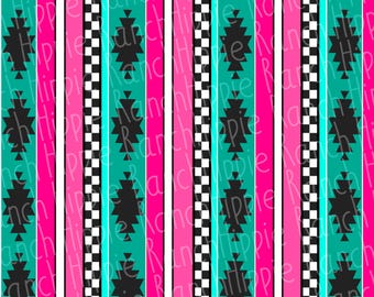 May include: A repeating vertical pattern featuring alternating stripes of hot pink, white, black and white checkered squares, and turquoise bands. The turquoise bands contain a series of black geometric diamond shapes stacked vertically.