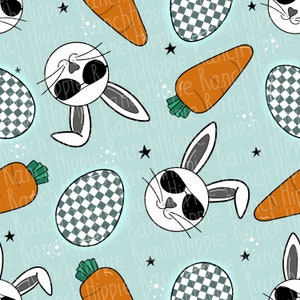 以下が含まれることがあります： 白いウサギがサングラスをかけ、市松模様のイースターエッグとオレンジ色のニンジンが、薄い青色の背景に白い星と共に見られるシームレスなパターンです。