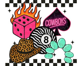 May include: A black and white checkered background with a pink dice with black dots, a red and orange flame, a black spade with the text "COWBOYS" in pink neon, a black and white zebra patterned 8-ball, a brown and black leopard print cowboy hat, and a turquoise and white beaded bracelet.
