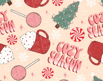 May include: A seamless pattern featuring a cosy winter theme with red mugs, candy canes, lollipops, and Christmas trees. The text "Cozy Season" is repeated throughout the pattern.