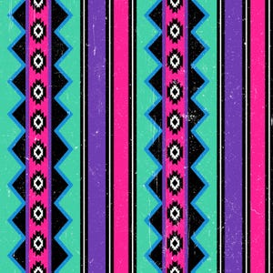 May include: A colourful geometric pattern with stripes and diamonds in shades of pink, purple, blue, and black. The pattern has a distressed, vintage look.