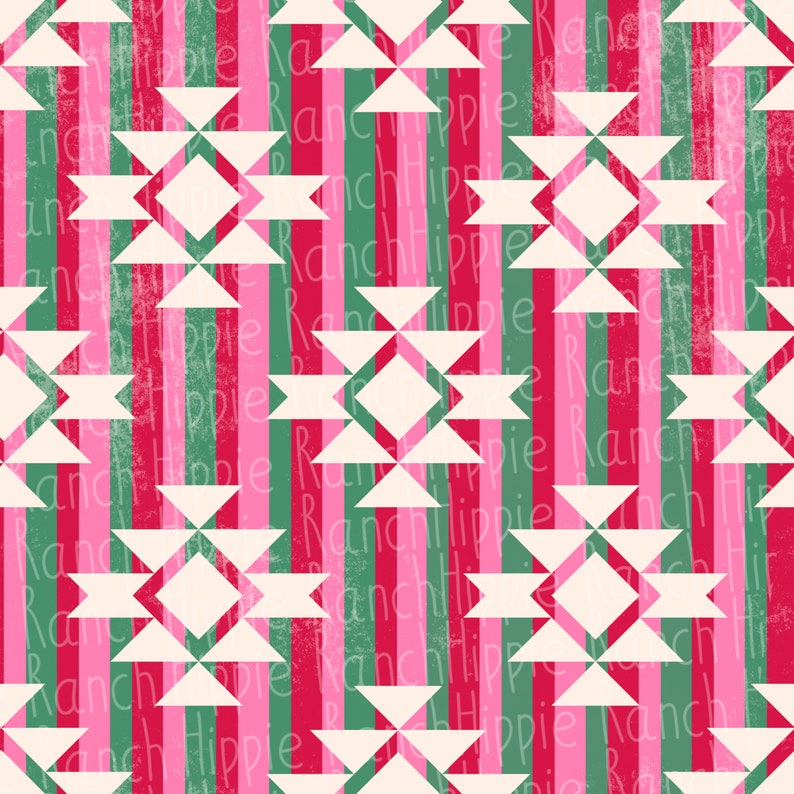 May include: A seamless pattern featuring a geometric design with white triangles and squares on a background of vertical stripes in red, pink, and green. The text "RanchHippie" is repeated throughout the pattern.