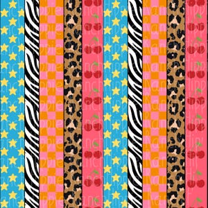 Puede incluir: Un patrón vertical repetitivo con franjas alternas de azul claro con estrellas amarillas, estampado de cebra en blanco y negro, cuadros naranjas y rosas, estampado de leopardo marrón y negro, y rosa con ilustraciones de cerezas rojas.