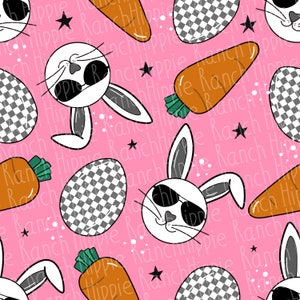 May include: A seamless pattern featuring a pink background with white bunnies wearing sunglasses, carrots, and checkered Easter eggs. The pattern also includes white stars and the text "Ranch Hippie" repeated throughout.