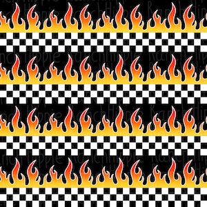 Peut inclure: Un motif sans couture avec un fond à carreaux noir et blanc et des rangées de flammes orange et rouges.