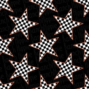 May include: A seamless pattern featuring a black and white checkered star design with a copper outline. The background is black with the words "Ranch Hippie" repeated throughout.