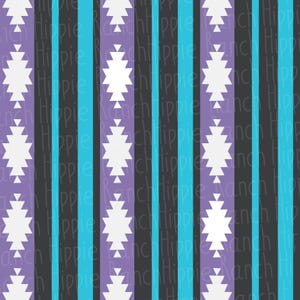 May include: A seamless pattern featuring alternating stripes of black, turquoise, purple, and white. The white stripes have a geometric design resembling a starburst.