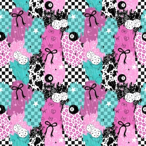 May include: A seamless pattern featuring a pink, blue, and black color scheme. The pattern includes dice, 8-ball pool balls, bows, stars, and checkered patterns. The background is a mix of pink and blue with black accents.