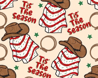 May include: A seamless pattern featuring a cowboy hat, a red and white striped candy cane, a lasso, and the text "Tis the Season". The background is a light beige color.