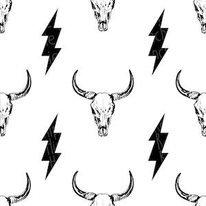 May include: Black and white seamless pattern featuring a bull skull and lightning bolt design. The pattern is repeated throughout the image.