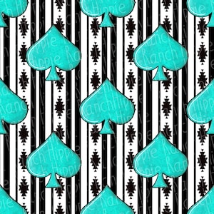 May include: A seamless pattern featuring turquoise blue spade shapes on a black and white striped background. The spades are outlined in black and have a watercolor effect. The background has a repeating pattern of black stars.