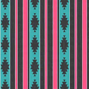 Puede incluir: Un patrón sin costuras que presenta rayas verticales alternas de negro, rosa y turquesa. Las rayas turquesa están decoradas con un diseño geométrico repetitivo de triángulos negros.