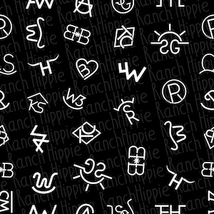 May include: Black and white seamless pattern with various western-themed symbols and the words "Ranch" and "Hippie" repeated throughout.
