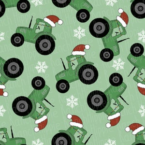 May include: A seamless pattern featuring green tractors wearing Santa hats with white trim and red pom-poms. The tractors have white lights strung around them and are on a light green background with white snowflakes.