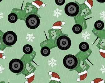 May include: A seamless pattern featuring green tractors wearing Santa hats with white trim and red pom-poms. The tractors have white lights strung around them and are on a light green background with white snowflakes.